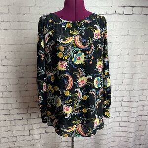 Loft size large black and bright multicolor print long sleeve blouse